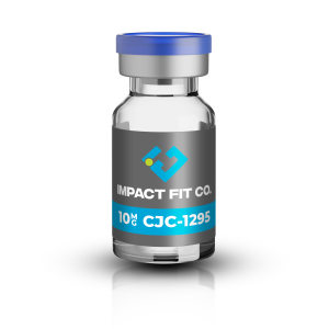 10mg CJC-1295 peptide vial from Impact Fit Co., featuring a clear glass bottle with a blue cap and branding, representing health and wellness products for muscle building and recovery.